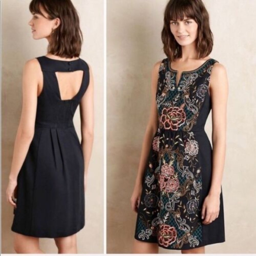 Anthropologie Moulinette Soeurs Size 0 Black Floral Embroidered Perennial Dress